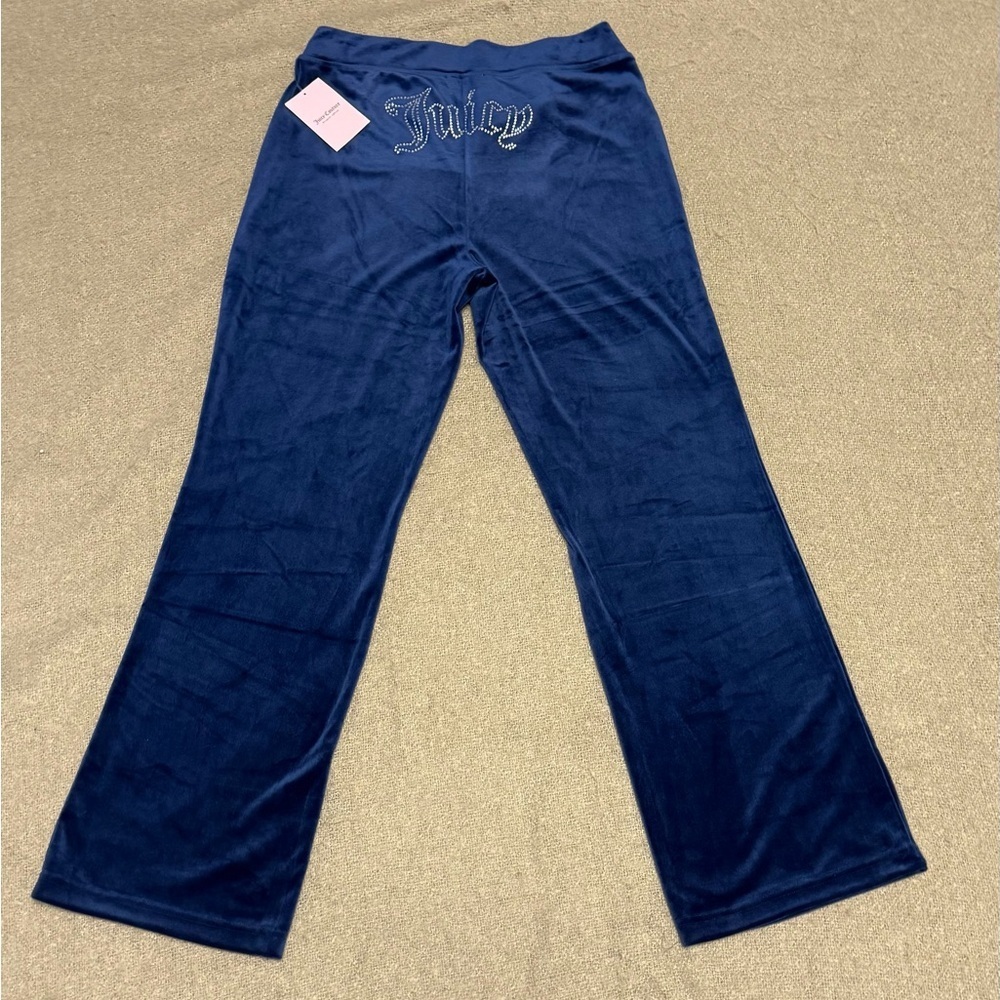 NWT Juicy Couture Navy Blue Velour Wide Leg Pants - Rhinestone Logo - Size L